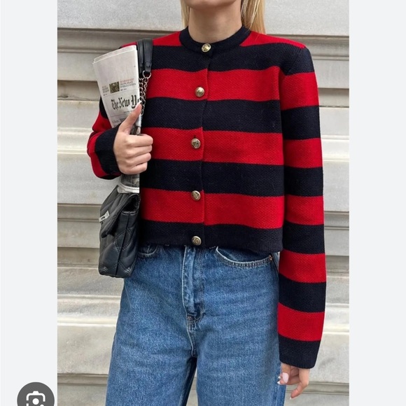 ZARA NWT STRIPED KNIT CARDIGAN RED / NAVY - Picture 7 of 10